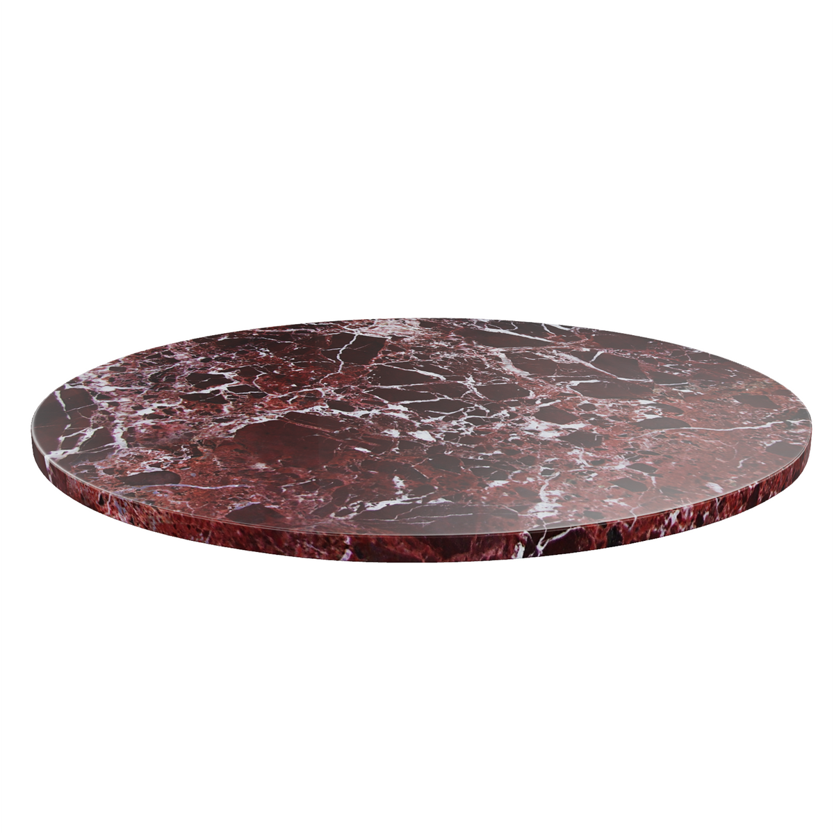 Introducing the Rosso Levanto Real Marble Restaurant Table Top - 20mm: a round, flat, and polished tabletop crafted from genuine dark red Rosso Levanto marble featuring striking white and gray veining. Perfect for bespoke marble surfaces or adding elegance to restaurant table tops.