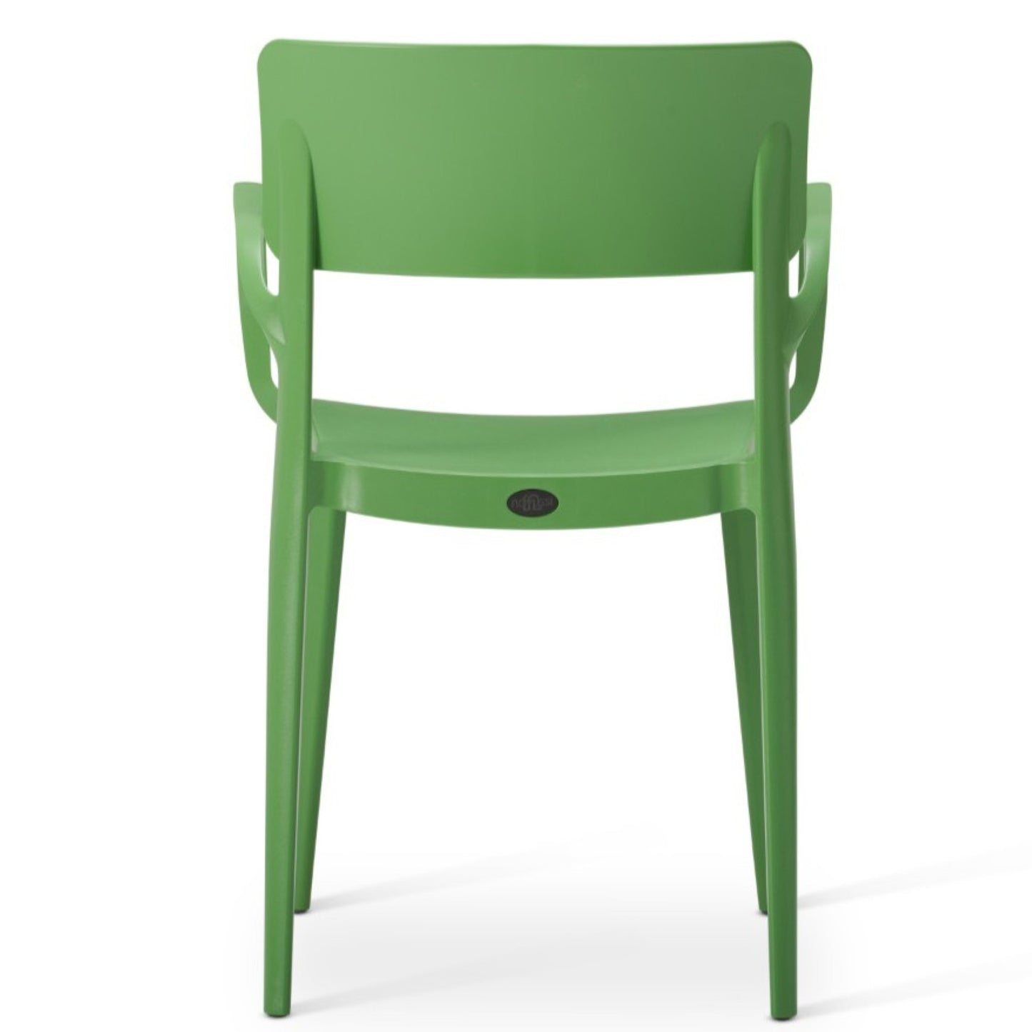 A green plastic Vivo Stacking Outdoor Armchair with armrests, seen from the back. Its simple, modern design features curved lines and a solid seat and backrest—perfect for versatile indoor or outdoor seating.