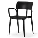 Switch The Vivo Stacking Outdoor Armchair is a modern black plastic chair with armrests and a slightly curved backrest, featuring four straight legs. Its sleek, minimalist design makes it perfect for contemporary indoor or outdoor settings. 1 image