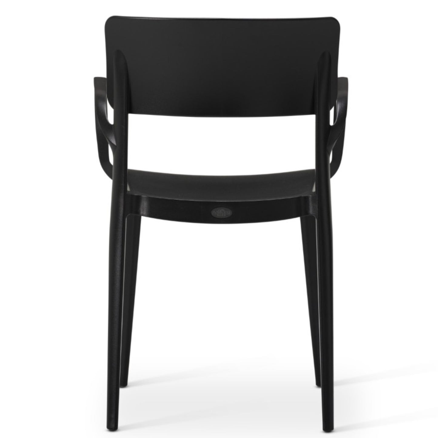The Vivo Stacking Outdoor Armchair features a modern black wooden design with a curved backrest, simple lines, and armrests that seamlessly flow into the legs—ideal for stylish contemporary seating.