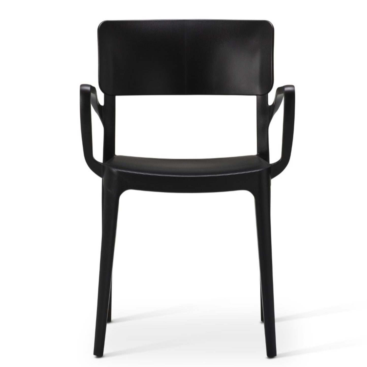 The Vivo Stacking Outdoor Armchair features a modern black design with a solid backrest, gently curved seat, and unique armrests—perfect contemporary seating, shown here on a white background.