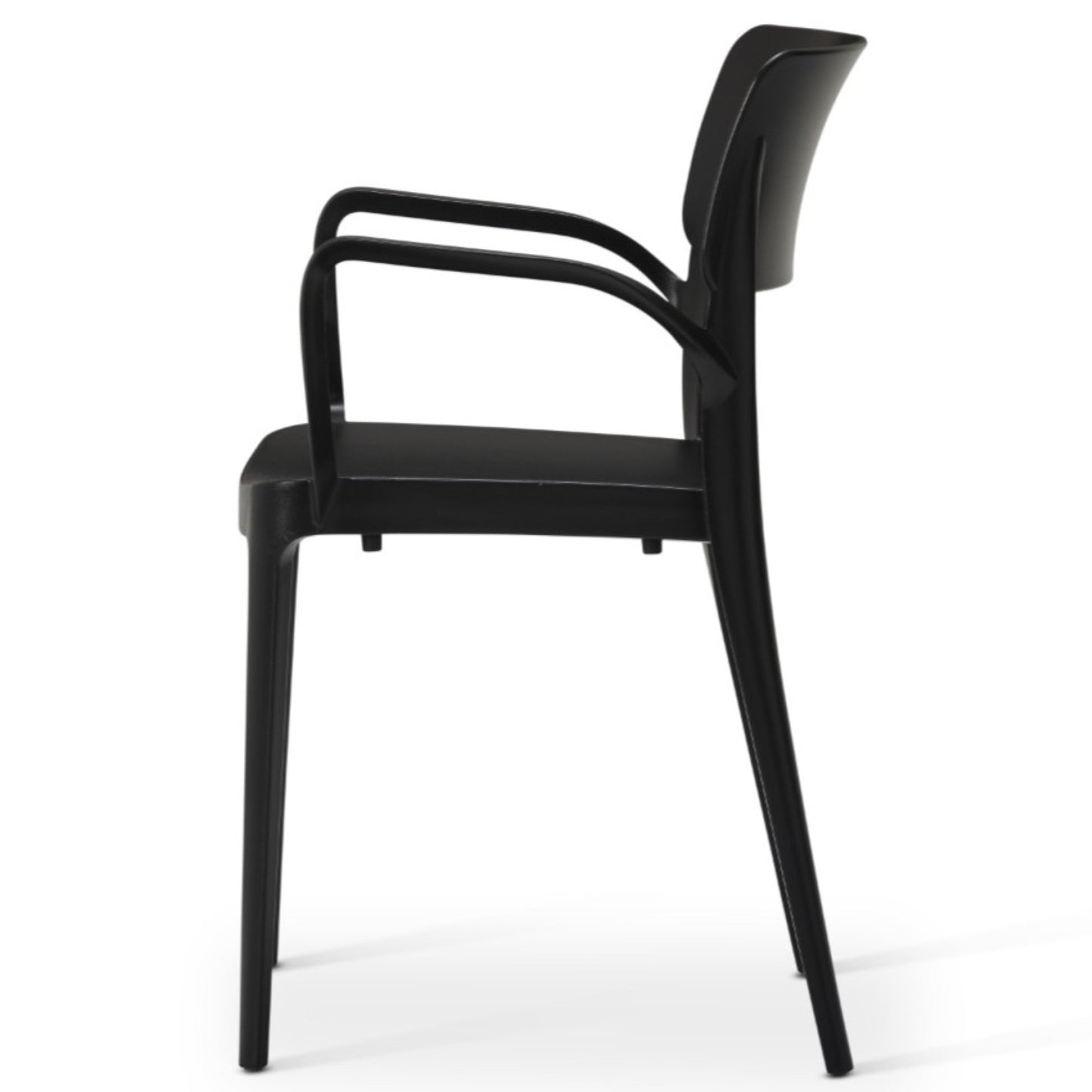 A sleek black Vivo Stacking Outdoor Armchair with armrests, shown in side view. This modern, minimalist chair has clean lines and slightly angled back legs. The background is plain white.