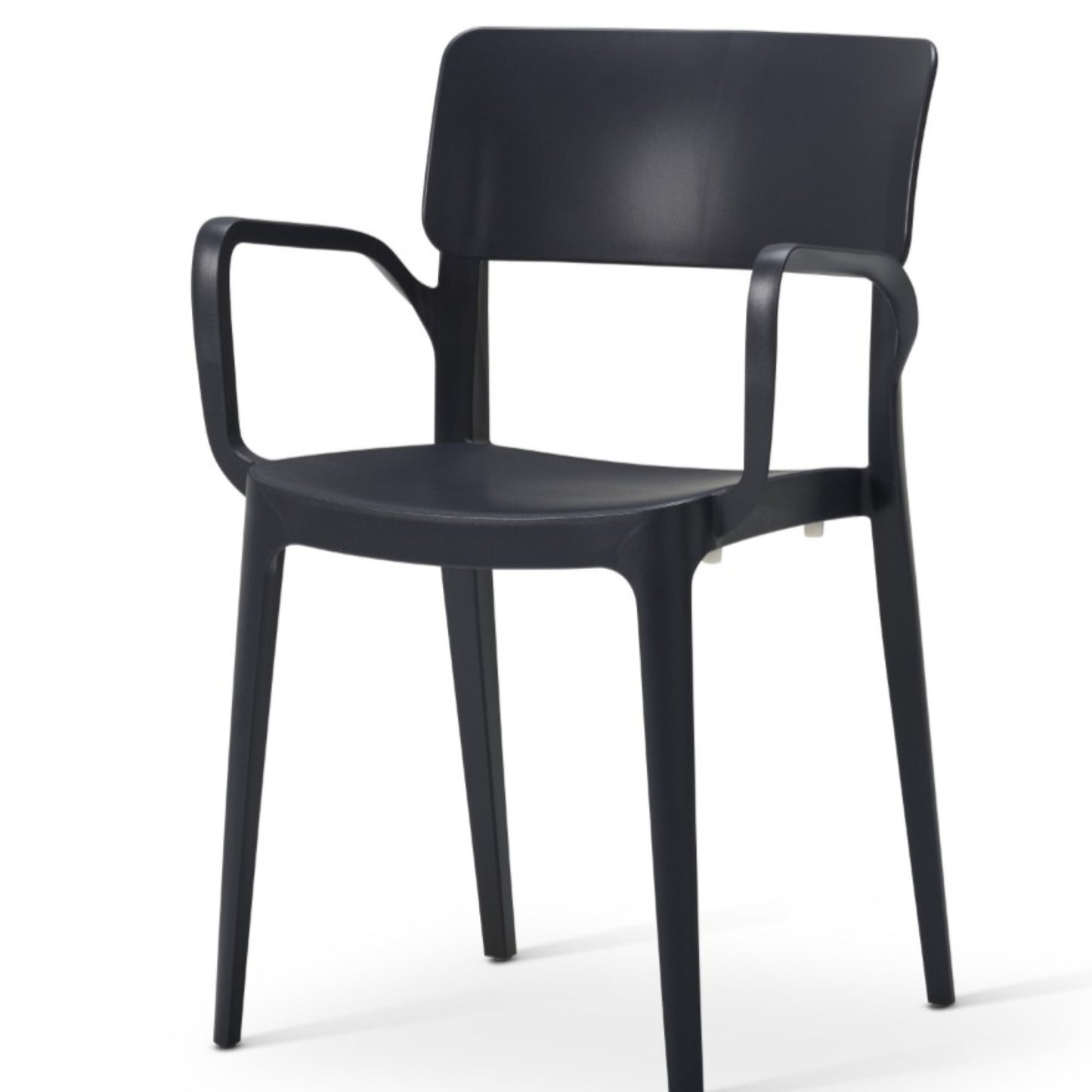 The Vivo Stacking Outdoor Armchair is a modern black plastic chair with armrests, a curved backrest, and four straight legs—ideal for versatile indoor or outdoor seating, shown against a white background.