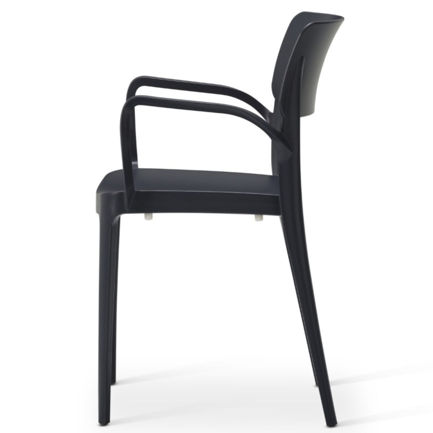 Side view of the Vivo Stacking Outdoor Armchair, featuring a modern design with a curved backrest and angled armrests. Crafted from molded material, it offers clean lines, a sleek minimalist look, and is suitable for outdoor use.
