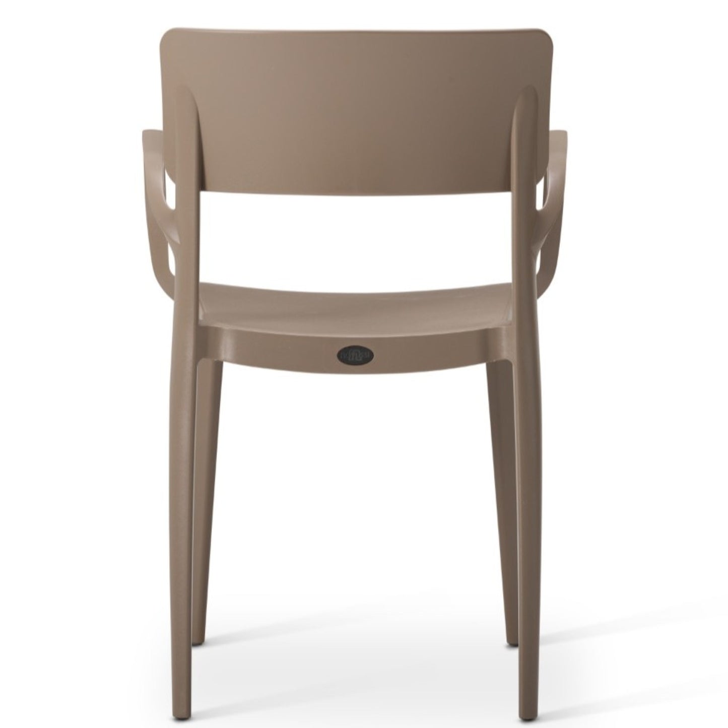 A taupe Vivo Stacking Outdoor Armchair, designed for indoor and outdoor use, is shown from the back with a solid backrest, armrests, and four straight legs against a plain white background.