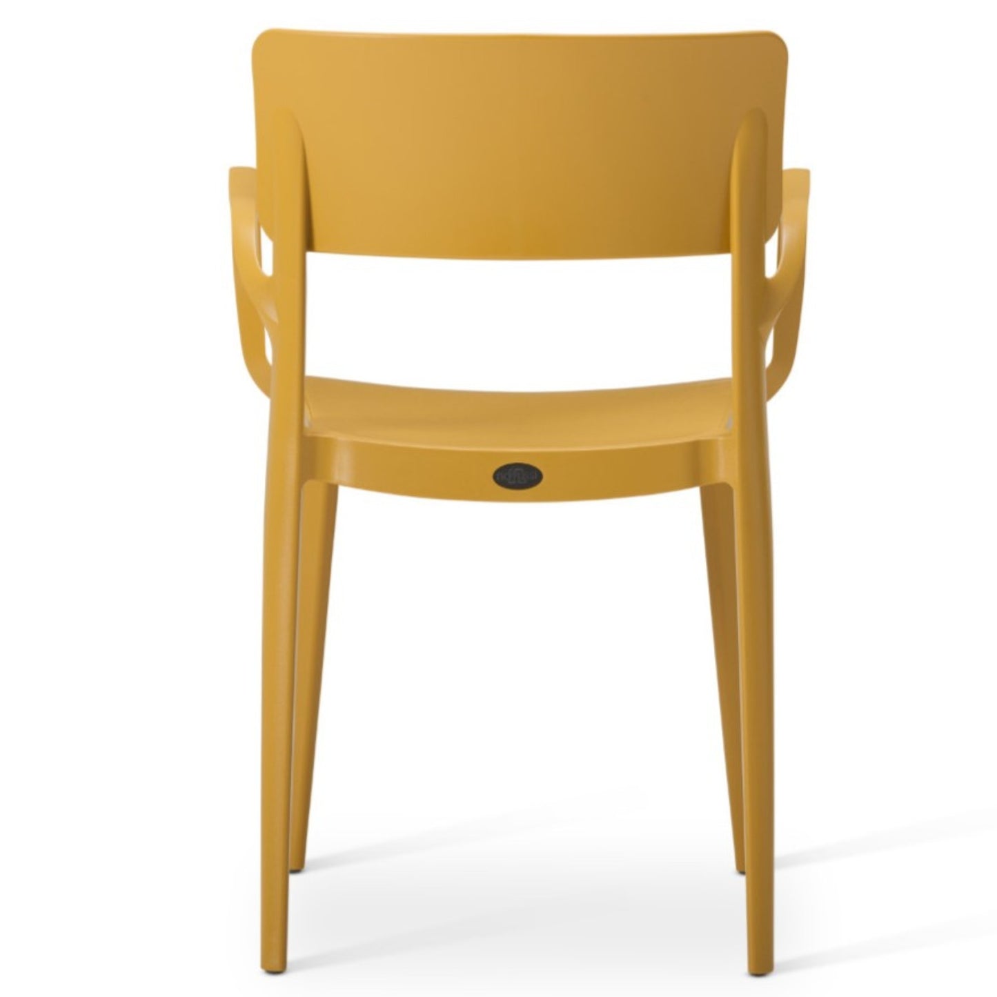 The Vivo Stacking Outdoor Armchair is displayed in yellow plastic with a curved backrest, slender legs, and armrests. Its modern design features clean lines and a smooth matte finish, making it ideal for both indoor and outdoor use.