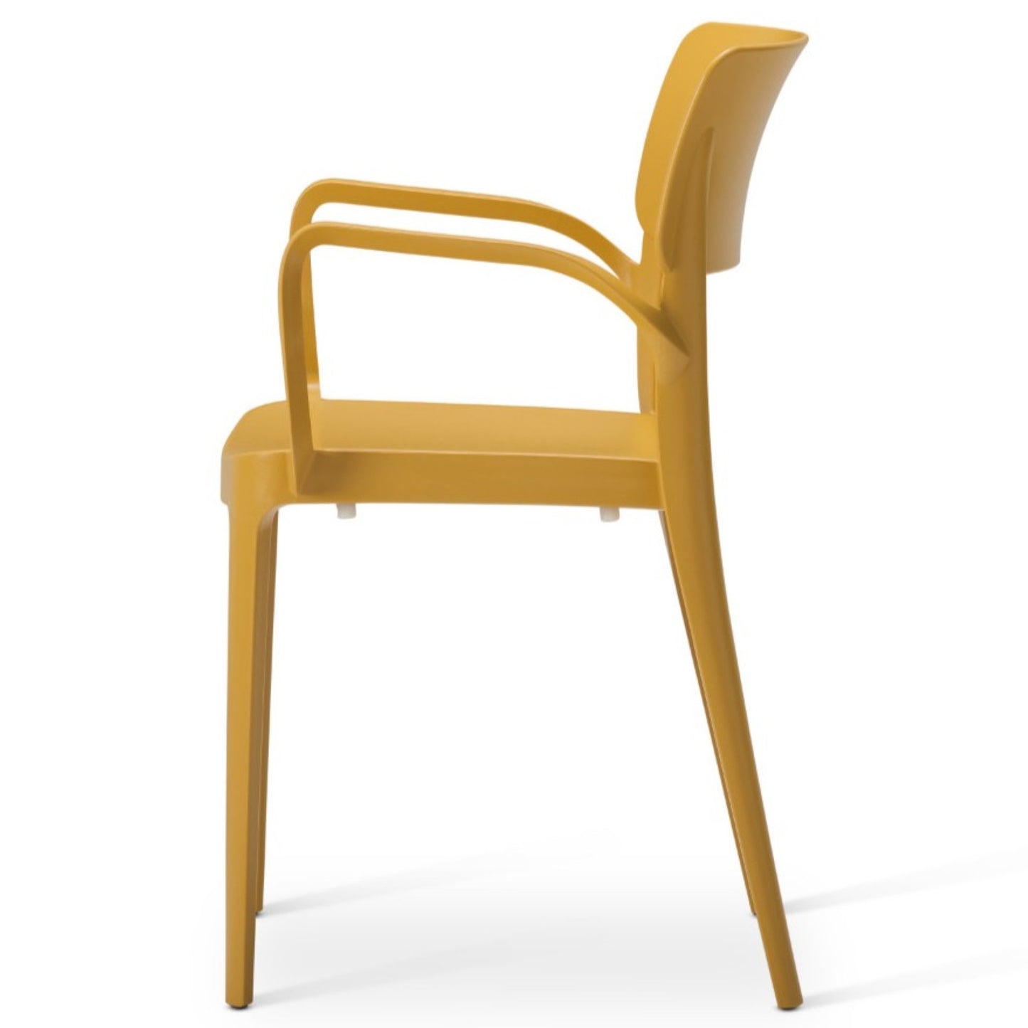The Vivo Stacking Outdoor Armchair is a modern yellow chair with armrests, shown in profile on a white background. Its sleek, molded plastic design and stackable build make it ideal stylish seating for any space indoors or outdoors.