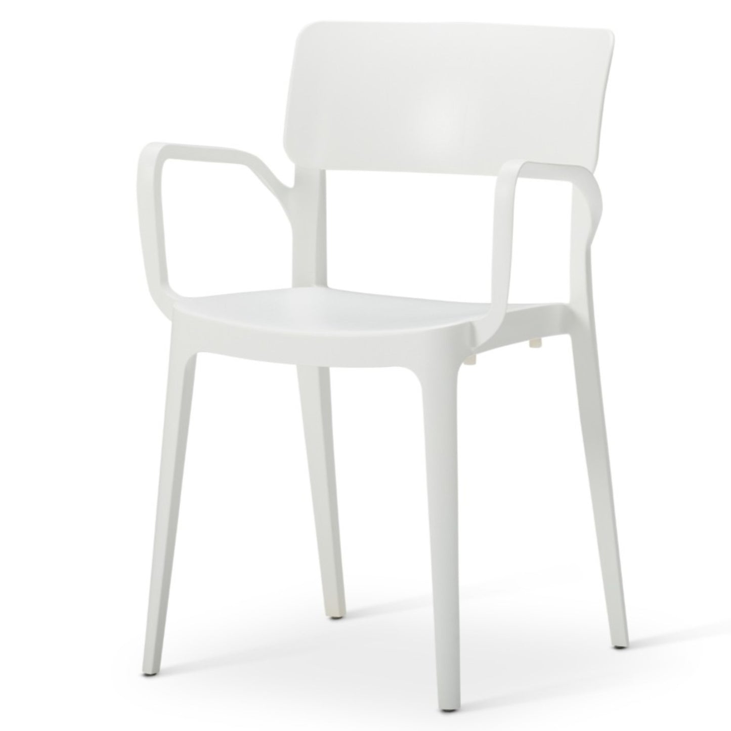 The Vivo Stacking Outdoor Armchair is a modern white plastic chair with armrests, a slightly curved seat, four straight legs, and a rectangular backrest—ideal for stylish indoor or outdoor use, shown on a plain white background.