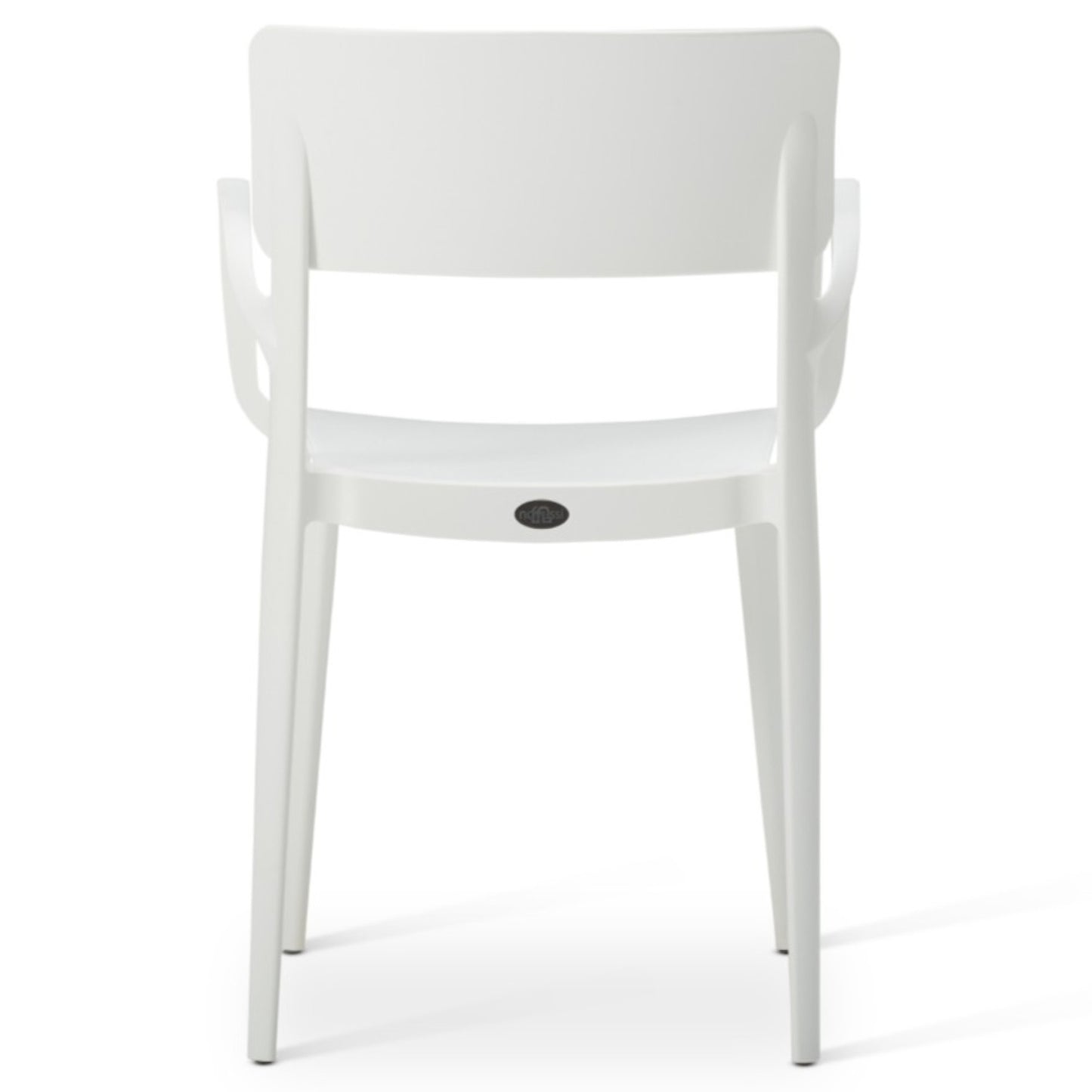 The Vivo Stacking Outdoor Armchair is shown from the back, featuring a white plastic body with a curved backrest, armrests, and four straight legs—ideal for both indoor and outdoor use with its modern design.