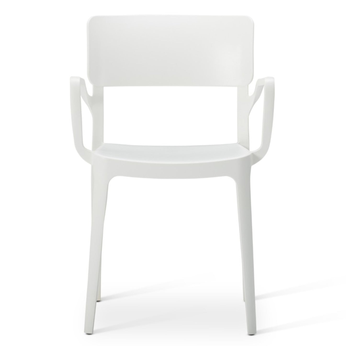 The Vivo Stacking Outdoor Armchair is a modern, white plastic chair with a solid backrest, curved seat, and armrests, shown on a white background. Its lightweight design makes it a versatile choice for contemporary indoor or outdoor seating.