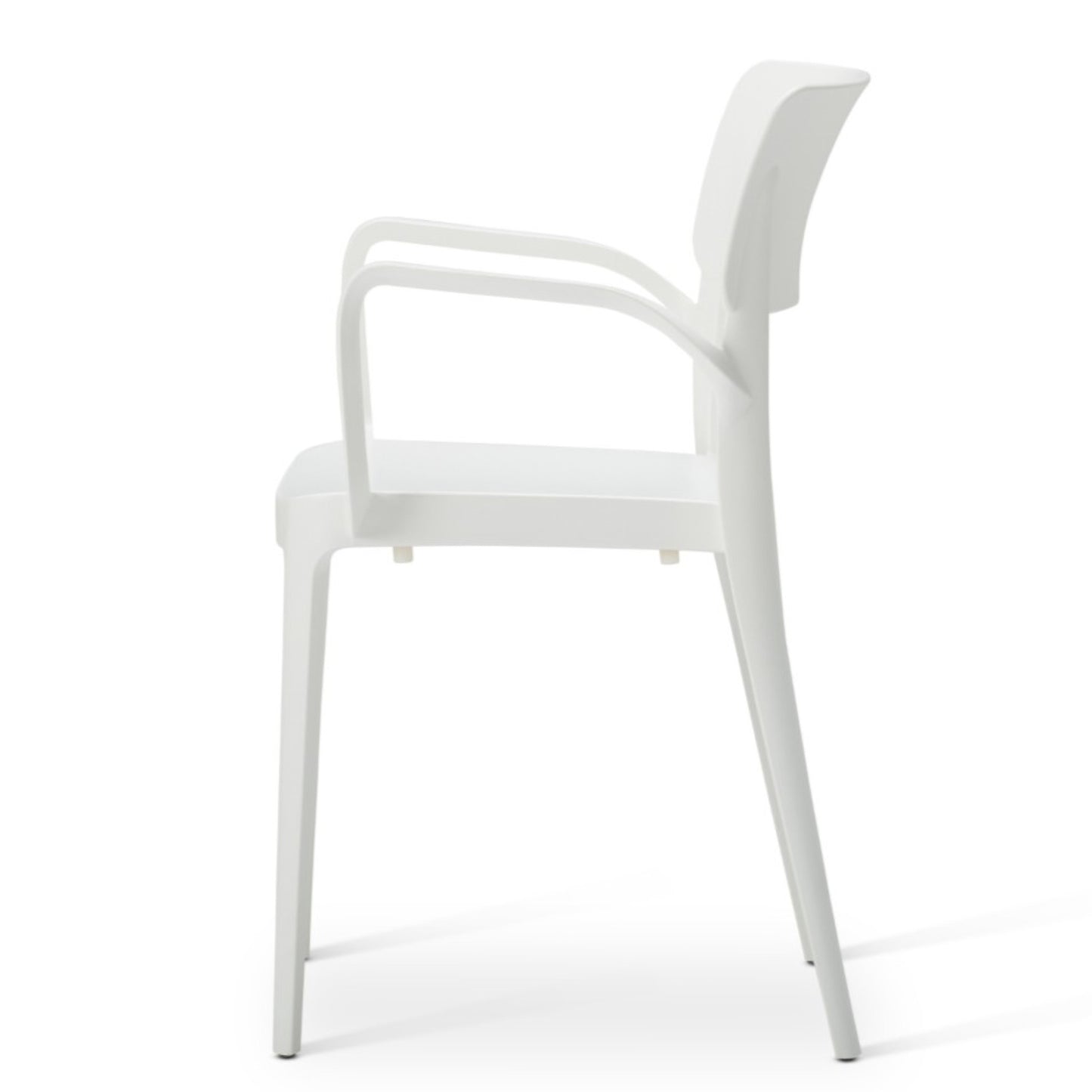 The Vivo Stacking Outdoor Armchair, made of modern white plastic and shown from a side angle, features armrests, clean minimalist lines, and a slightly curved backrest for indoor or outdoor use.