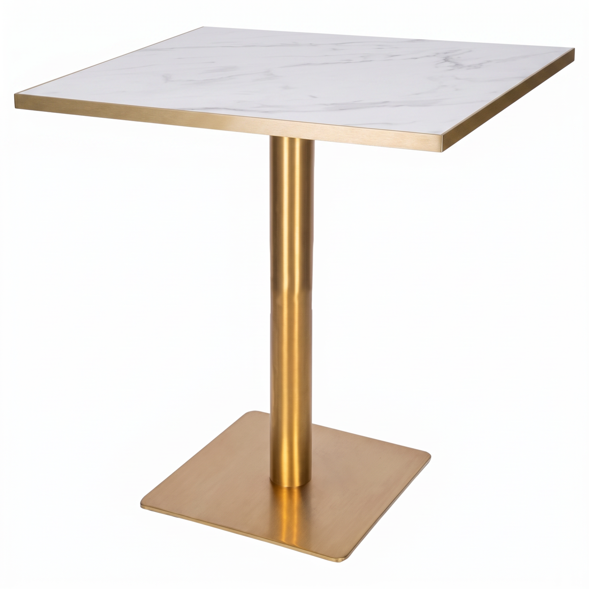 Zeus Brass Base Pedestal Square Table with White Marble Effect Table Top - 800x800mm
