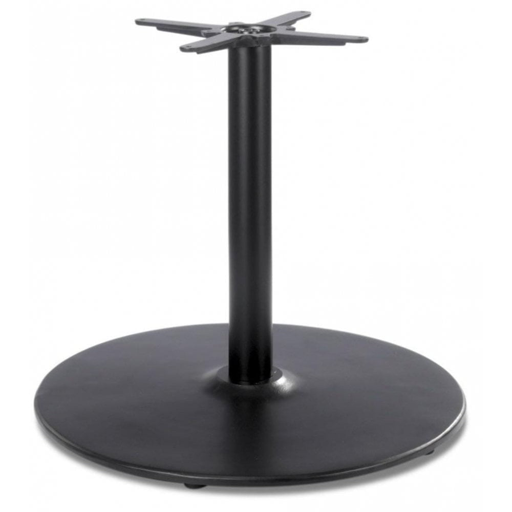 The Dome Large Round Black Cast Iron Table Base features a round flat bottom, central vertical support, and a cross-shaped bracket for tabletop attachment.