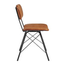 Switch Side view of the Duke Industrial Leather Side Chair featuring a brown real leather cushioned seat and backrest, supported by a black metal frame with angled legs and crossbars—ideal for an industrial design aesthetic. 2 image