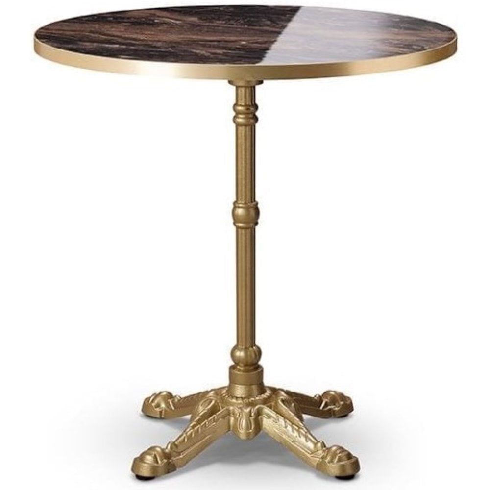 The Parisian Bistro Gold Round Marble Effect Table Top (700mm) features a dark marble-look surface, gold trim, and an ornate metal base with four curved feet, shown against a white background.