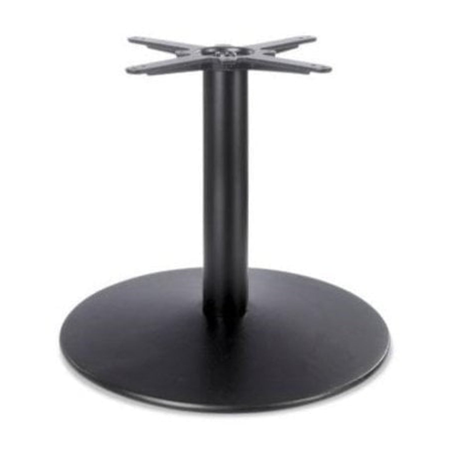 The Dome Medium Round Black Cast Iron Table Base features a flat round bottom, a vertical cylindrical support, and a cross-shaped mounting bracket.
