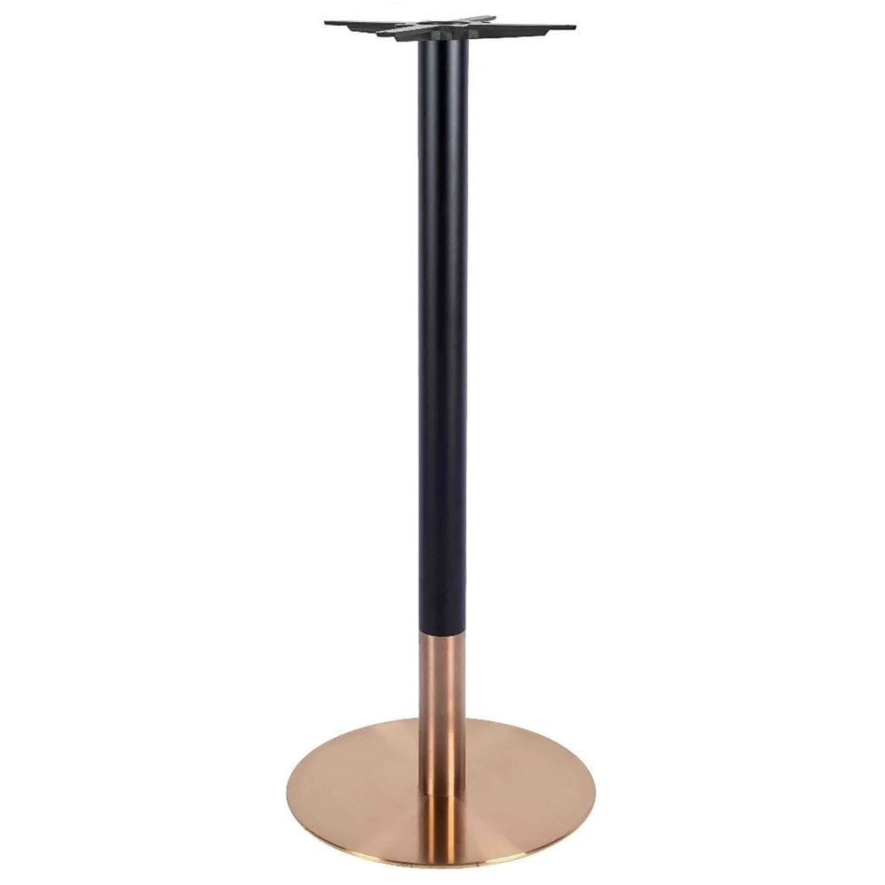 The Zeus Rose Gold Table Base - Small features a rose gold-colored round bottom, a tall black cylindrical center, and a flat top plate for mounting a tabletop.