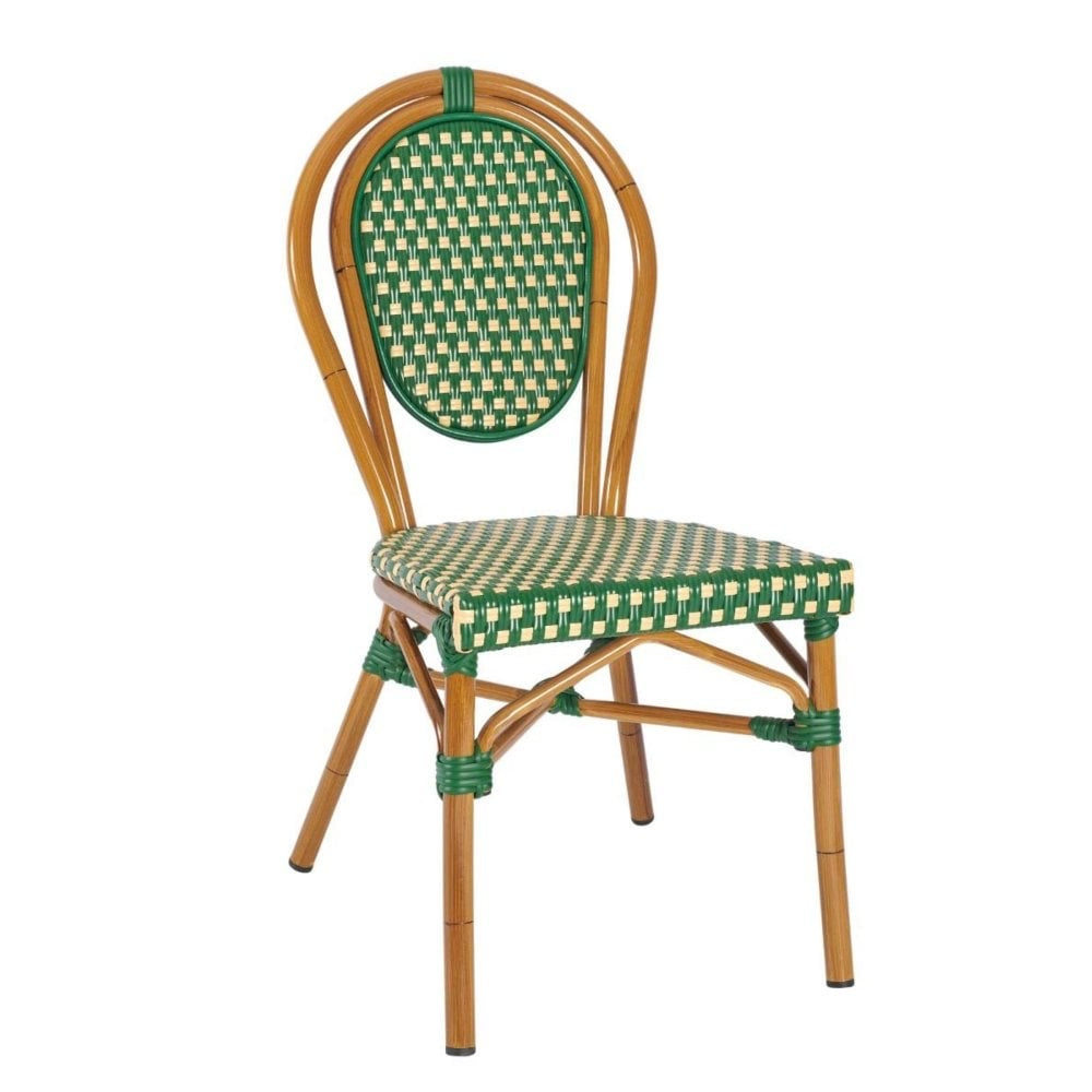 The Marseille Bistro Outdoor Stacking Side Chair features a rounded wood-look aluminum frame and a woven green and beige checkerboard seat and oval backrest, ideal for commercial outdoor spaces.