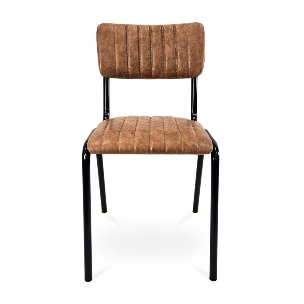 Front view of the Derby Industrial Side Chair - Faux Leather with a padded brown faux leather seat and backrest featuring vertical stitching, and a sleek black metal frame and legs for a retro restaurant look.