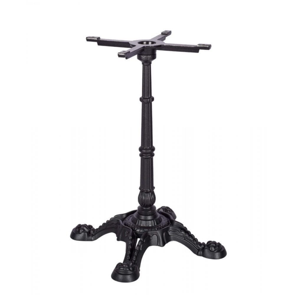 The Bistro Ornate Large Four Leg Cast Iron Table Base features a decorative central column and four ornate legs, providing sturdy support for restaurant tabletops.