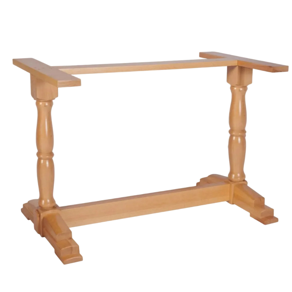 A light natural wood table base or trestle table frame with turned legs and a lower support beam, shown on a plain white background.