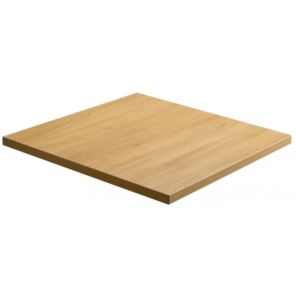The 25mm Lancaster Oak Laminate Restaurant Table Top features a square, flat design with a light oak finish—heat and scratch resistant, perfect for restaurant use.