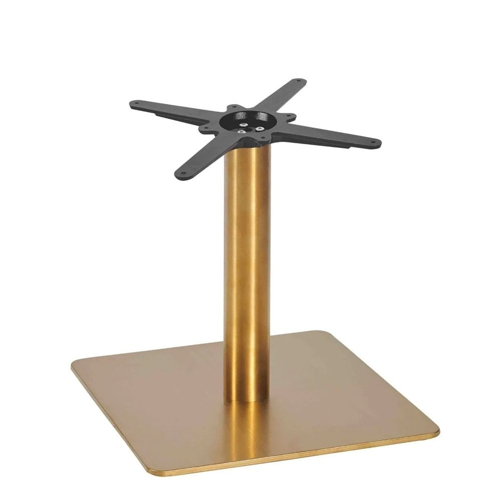 The Zeus Square Brass Table Base - Large features a square, flat brass bottom with a central cylindrical support and a black metal cross-shaped bracket on top for easy tabletop attachment.