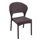 Switch The Daytona Rattan Outdoor Stacking Side Chair features a dark brown, weather-resistant resin rattan frame with a rounded backrest, open lower back, flat textured seat, and four straight legs—ideal for patios or gardens. Stackable for easy storage. 1 image