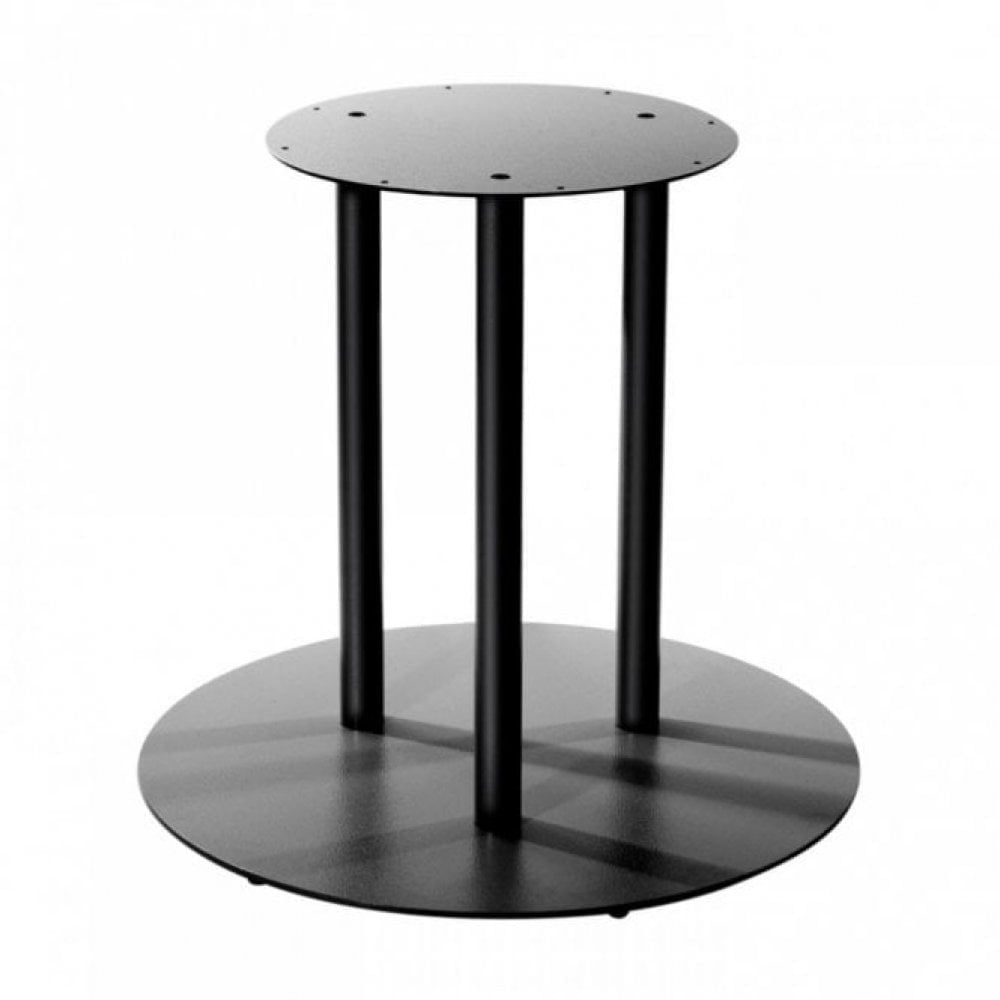 The Valencia Extra Large Black Round Table Base features a simple, modern design with four vertical support columns connecting a scratch-resistant, circular top plate to a larger round bottom plate.