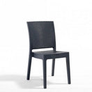 Switch The Canterbury Outdoor Rattan Stacking Side Chair features a modern, dark gray woven rattan-like texture, armless design, and straight legs—ideal for low-maintenance garden seating against a plain white background. 3 image