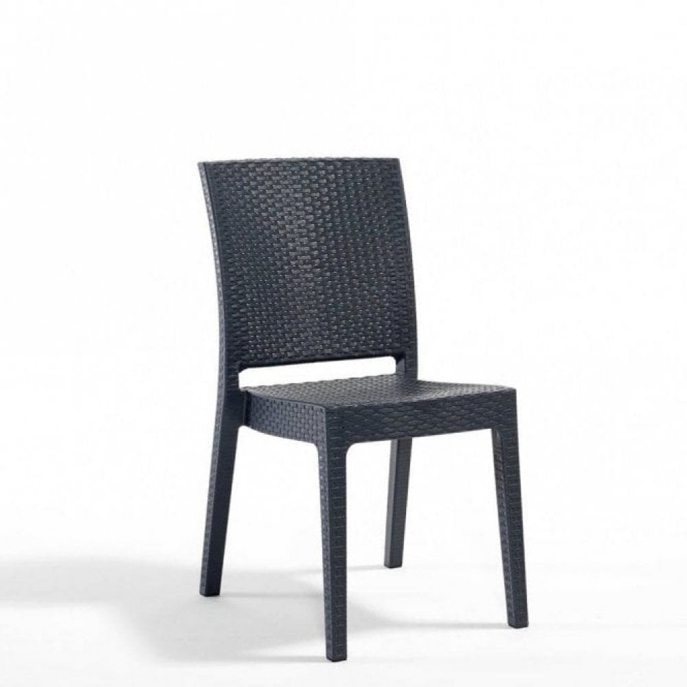 The Canterbury Outdoor Rattan Stacking Side Chair features a modern, dark gray woven rattan-like texture, armless design, and straight legs—ideal for low-maintenance garden seating against a plain white background.