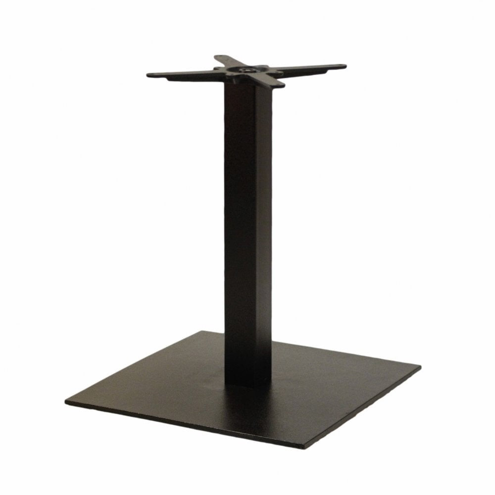 The Forza Square Large Cast Iron Table Base features a powder-coated finish, square flat bottom, central vertical column, and top mounting brackets for tabletop attachment, shown against a plain white background.