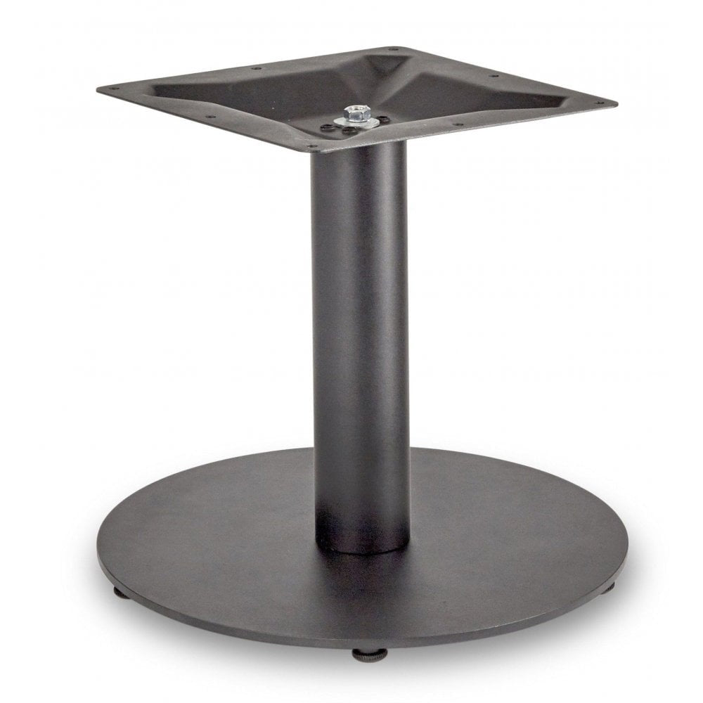 The Profile Small Round Cast Iron Table Base features a black, round flat bottom with a cylindrical support and square metal mounting plate—perfect as a sturdy restaurant table base.