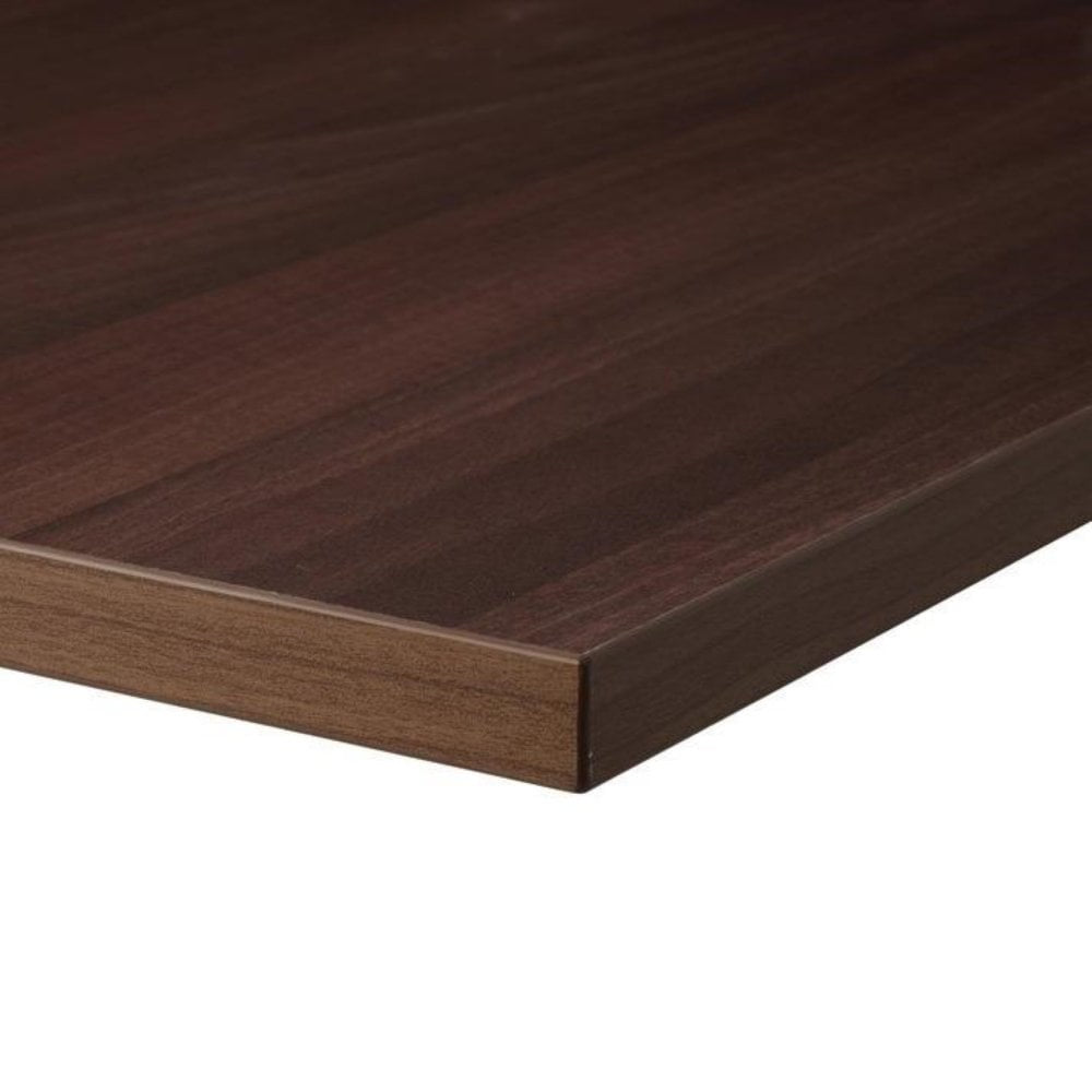 A close-up of the corner of the Tobacco Walnut Restaurant Table Top - 25mm shows its rectangular shape, dark brown melamine surface, smooth finish, and visible wood grain.