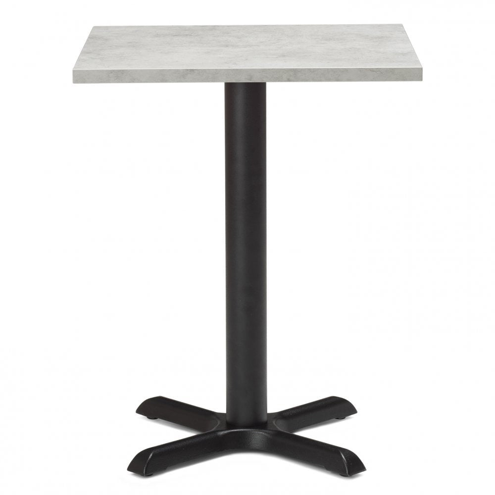 The Chicago Concrete Effect Restaurant Table Top - 25mm features a light gray, concrete effect square surface on a single black metal pedestal base with four curved feet—simple, modern design perfect for contemporary spaces.