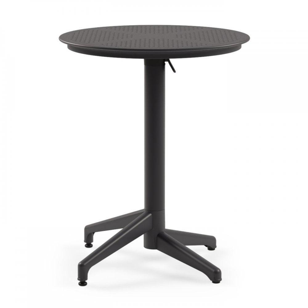 The Boom Flip Bistro Round Table 600mm Round features a black metal design with a perforated top and durable aluminum base with four angled legs, ideal as an outdoor cafe table.