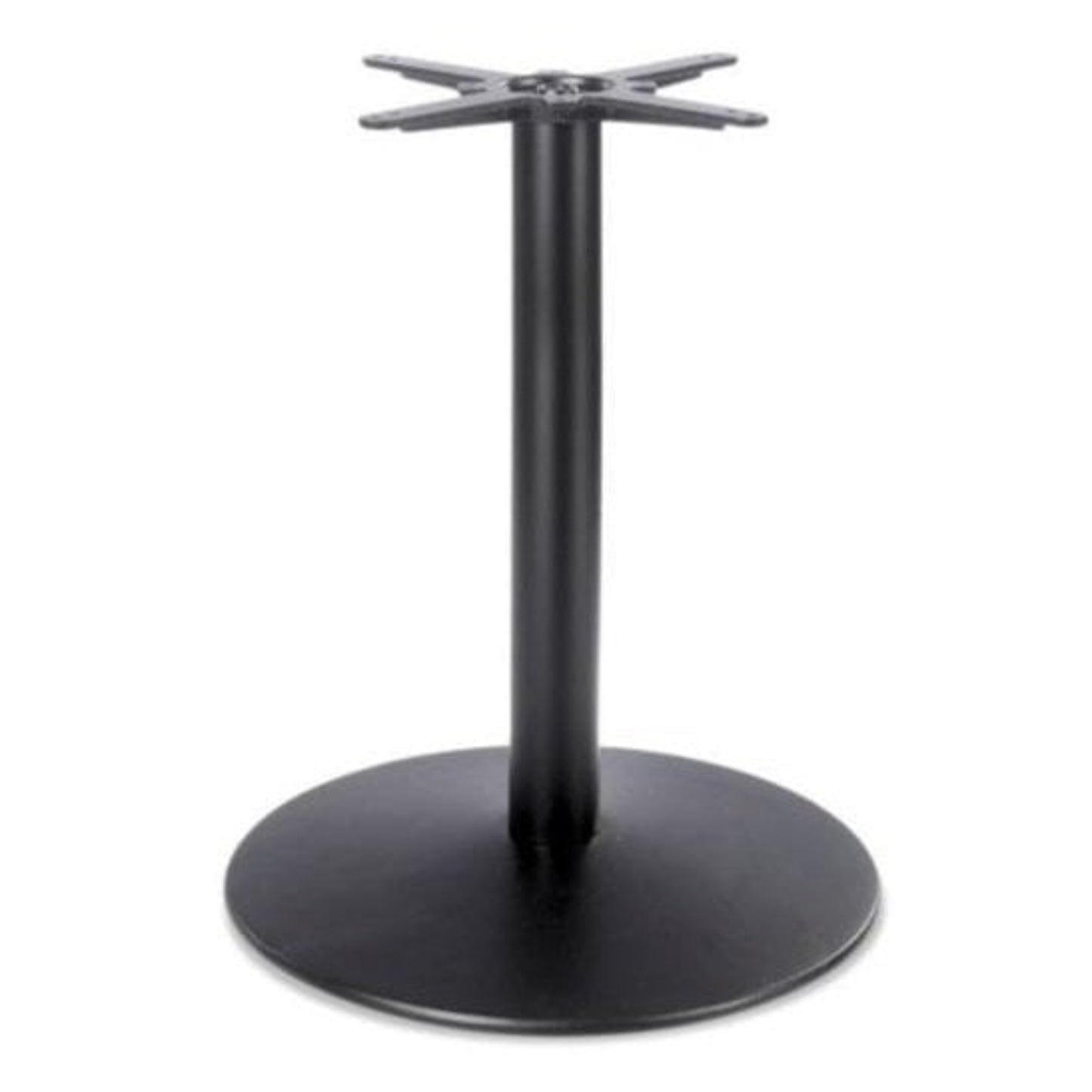 The Dome Medium Round Black Cast Iron Table Base features a sleek round flat bottom and central vertical pole, expertly designed to support your tabletop.