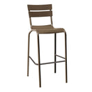 Switch The Marlow Aluminium Stacking Bar Stool features a brown metal frame, curved seat, minimalist backrest with two horizontal slats, and a connecting footrest. 2 image