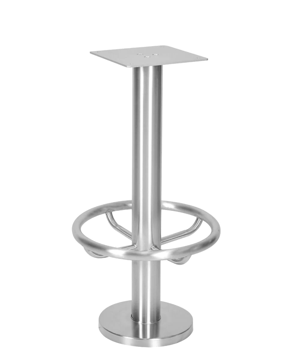 The Denzel Stainless Steel Floor Fixed Footrail Stool features a round heavy-duty footrail, square top mounting plate for seat attachment, and stainless steel construction—ideal for restaurant booth setups and shown against a plain white background.