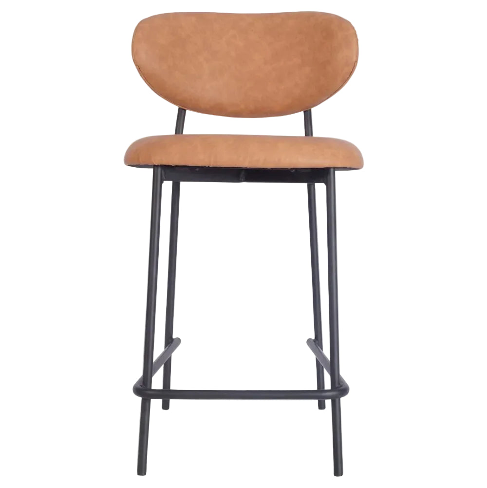 Joe Metal Stacking Tan Faux Leather Medium Height Bar Stool in tan faux leather with a curved backrest and a black metal frame.