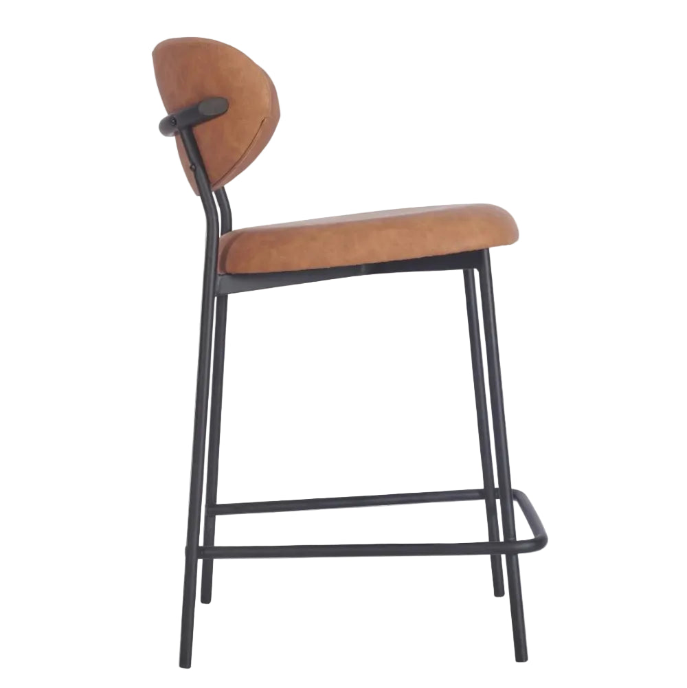 Joe Metal Stacking Tan Faux Leather Medium Height Bar Stool with a black metal frame and curved backrest, perfect for modern cafe seating.