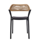 Switch A modern dining chair with a black molded plastic frame and a natural woven rattan backrest, shown against a plain white background. 2 image