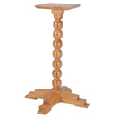 Switch A small wooden pedestal table with a square top, a central column made of stacked round beads, and a four-leg cross base, shown on a plain white background. 3 image