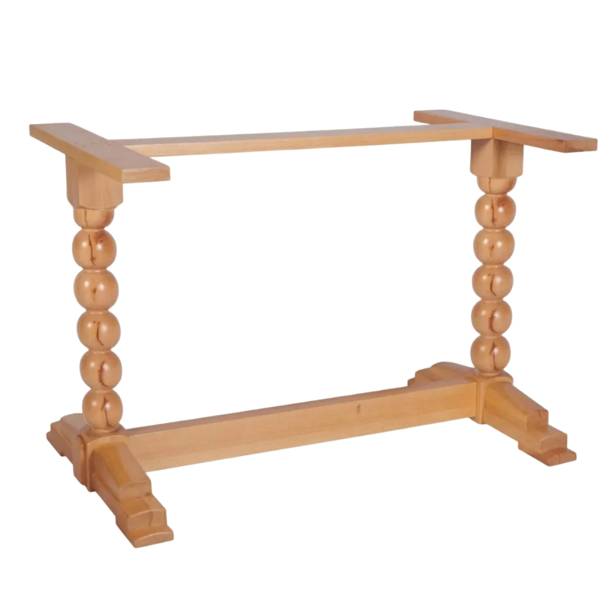 Sphere Twin Pedestal Solid Wood Table Base featuring two vertical pillars made of stacked spheres and a connected rectangular frame, ideal for restaurant furniture.