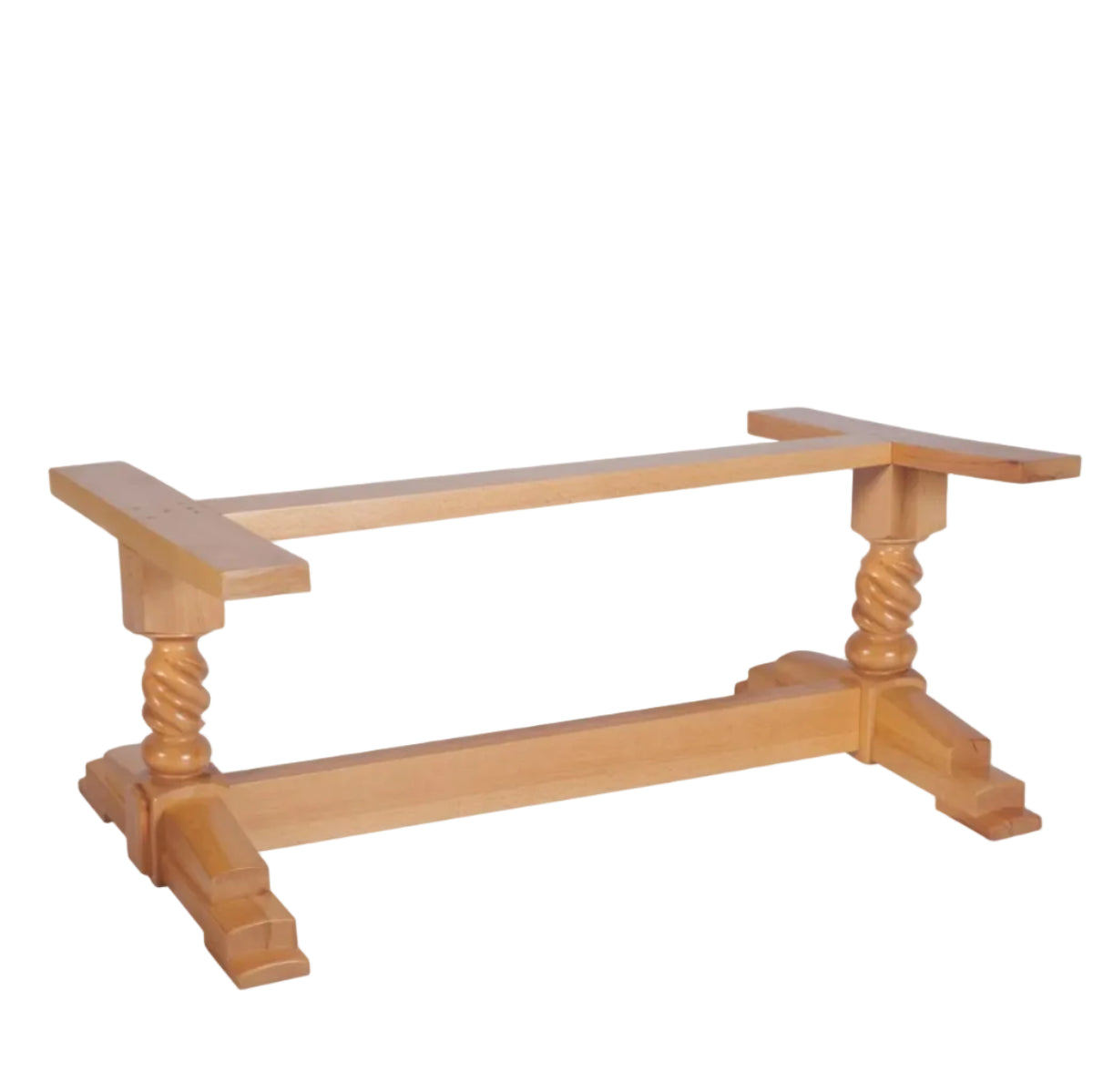 Twist Twin Pedestal Solid Wood Table Base featuring a light wood finish with two twisted columns supported by a horizontal stretcher bar.