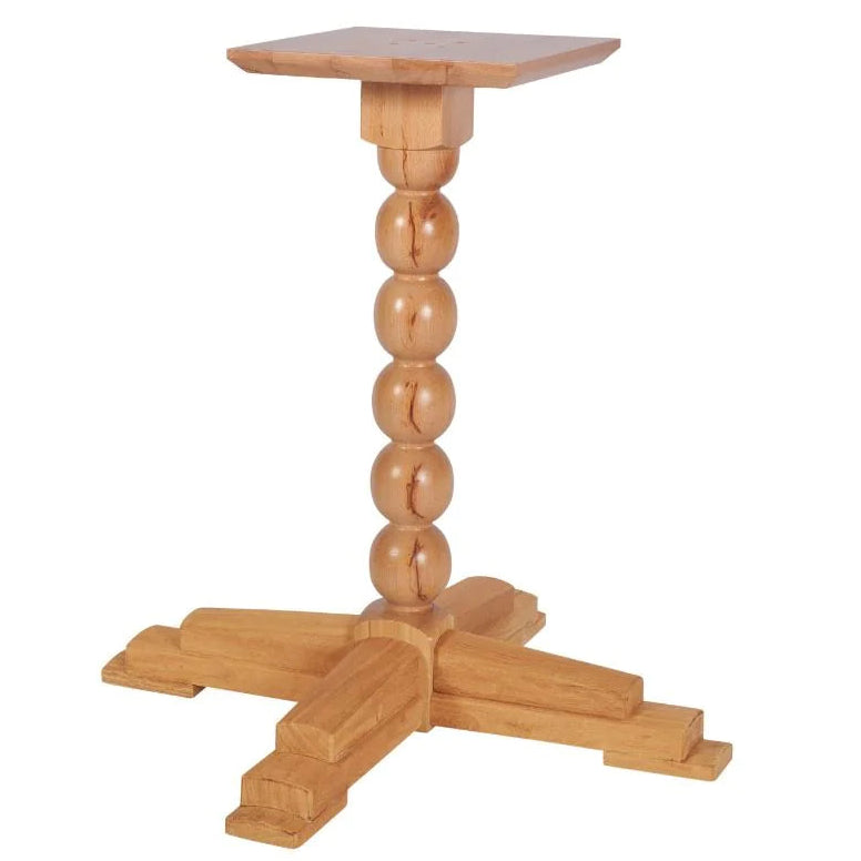 Sphere Extra Large Solid Wood Table Base featuring a square top, a central post made of stacked spheres, and a four-legged stepped base for use as hospitality furniture.