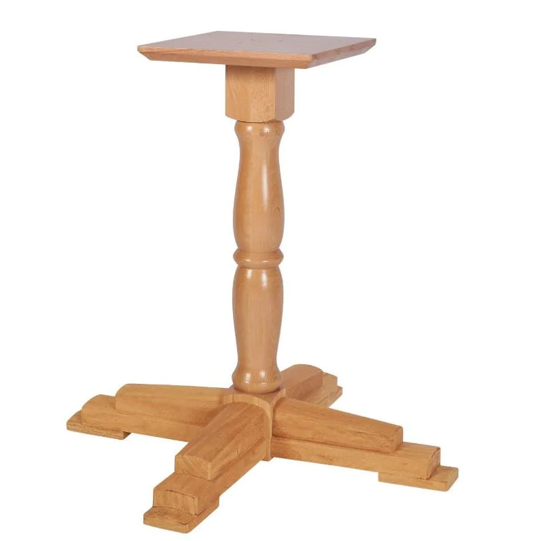 A small wooden pedestal table with a square top and a four-leg base, shown on a plain white background.